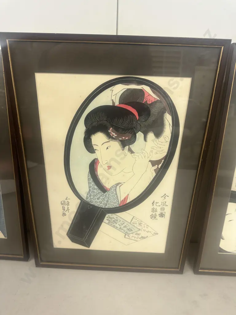 Set Of Three Vintage Japanese Woodblock Prints By Utamaro 50x36cm. Image 1++