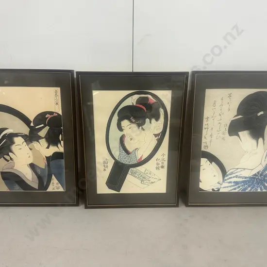 Set Of Three Vintage Japanese Woodblock Prints By Utamaro 50x36cm.