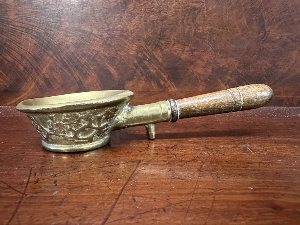 Vintage Brass Pan Iron With Wooden Handle Image 1++