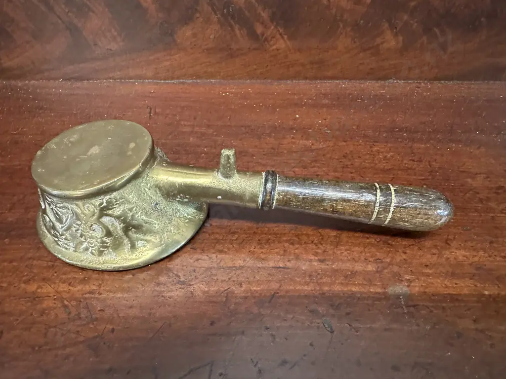 Vintage Brass Pan Iron With Wooden Handle Image 1++