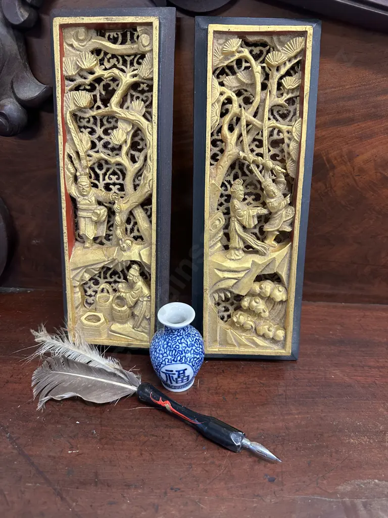 Gilt Carved Panel Wall Art, Vase & Feather Pen Image 1++