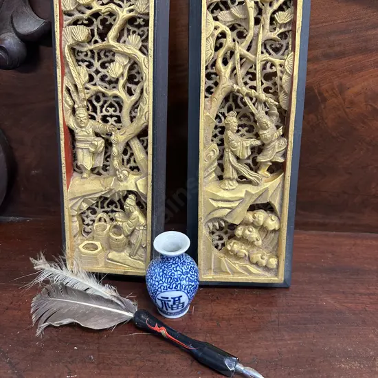 Gilt Carved Panel Wall Art, Vase & Feather Pen