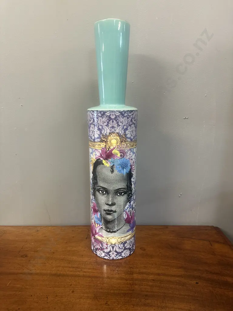 Decorative Vase Aqua Top Gilt Framed Face Details H60cm. Image 1++