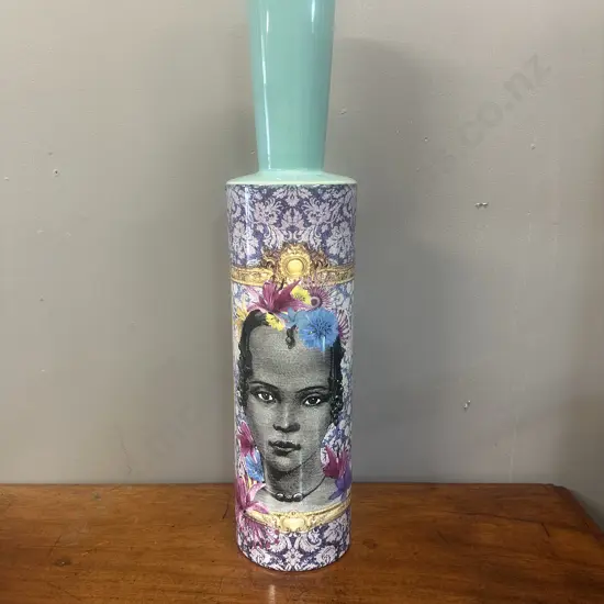 Decorative Vase Aqua Top Gilt Framed Face Details H60cm.