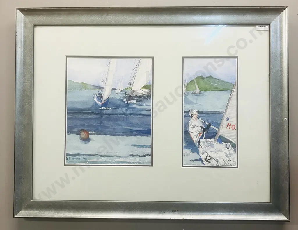 Yachts Racing Framed Diptych Watercolour Signed B.E. Hutton 06. 53 x 68cm Image 1++