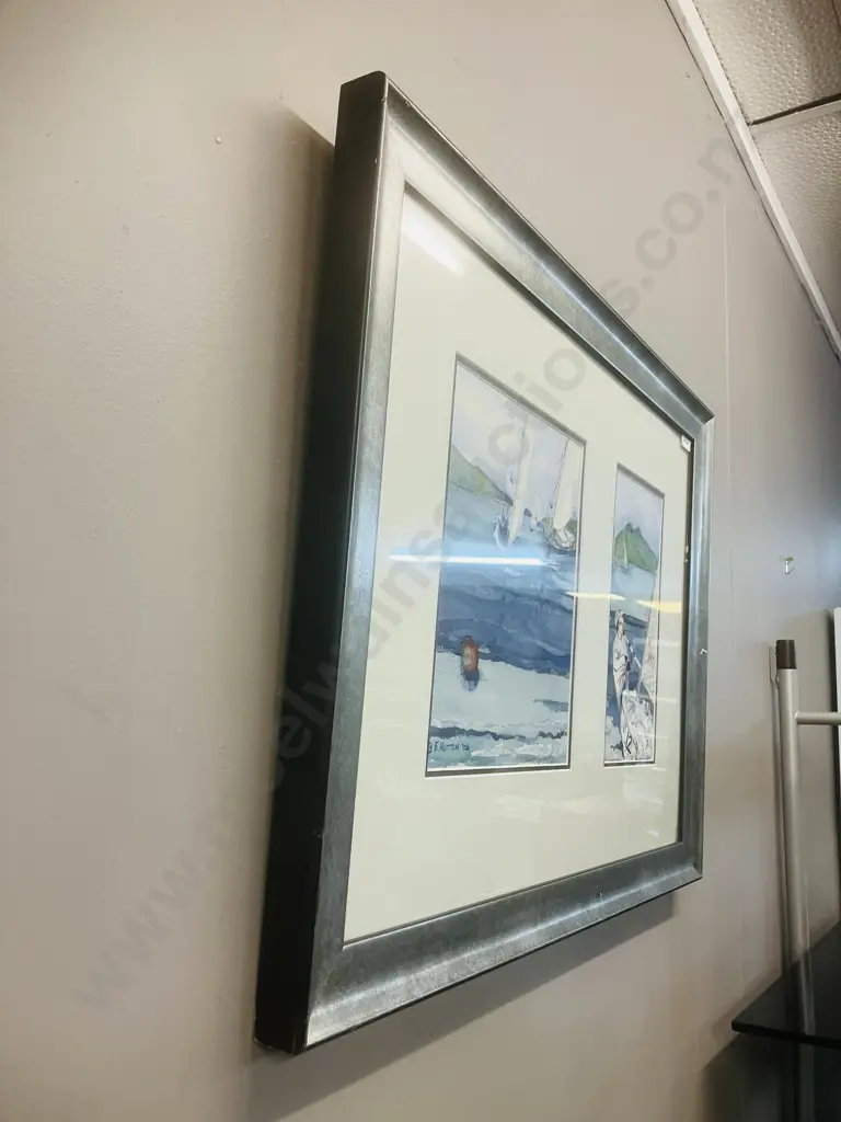 Yachts Racing Framed Diptych Watercolour Signed B.E. Hutton 06. 53 x 68cm Image 1++