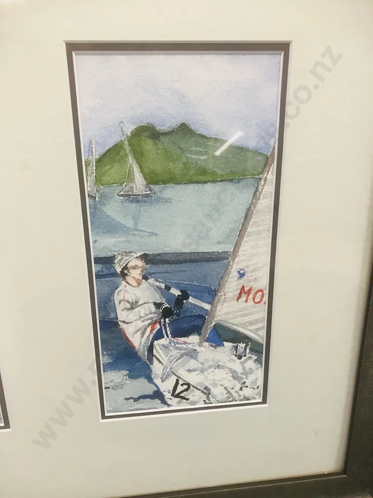 Yachts Racing Framed Diptych Watercolour Signed B.E. Hutton 06. 53 x 68cm Image 1++