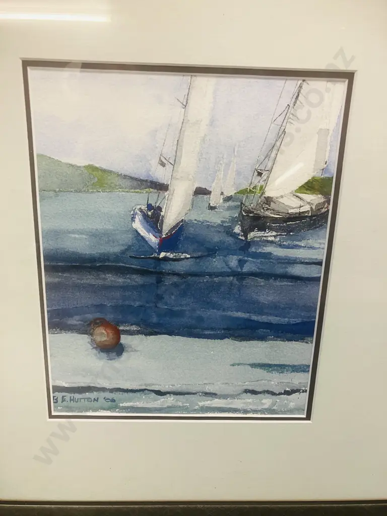 Yachts Racing Framed Diptych Watercolour Signed B.E. Hutton 06. 53 x 68cm Image 1++