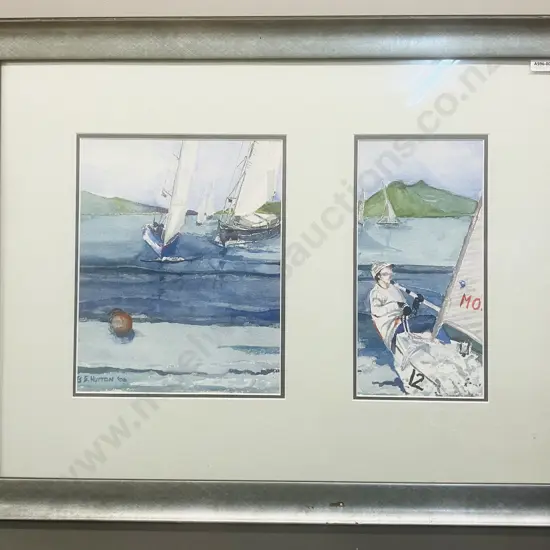 Yachts Racing Framed Diptych Watercolour Signed B.E. Hutton 06. 53 x 68cm