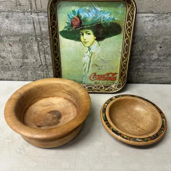 Vintage The Coca Cola Girl Serving Tray & Wooden Bowls 