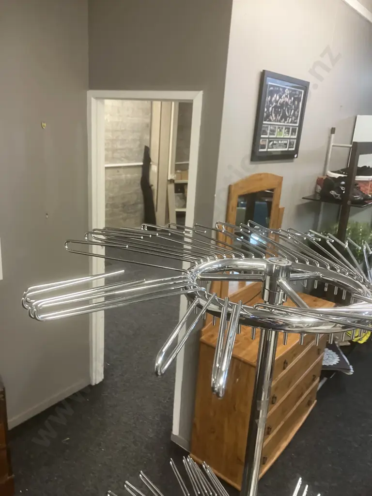 Chrome Two Tier Revolving Scarf Display Stand On Castors. H172cm Image 1++