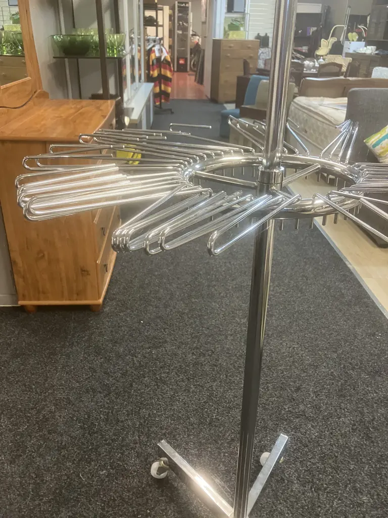 Chrome Two Tier Revolving Scarf Display Stand On Castors. H172cm Image 1++