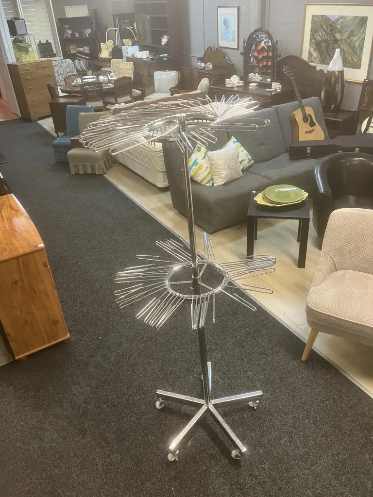 Chrome Two Tier Revolving Scarf Display Stand On Castors. H172cm Image 1++
