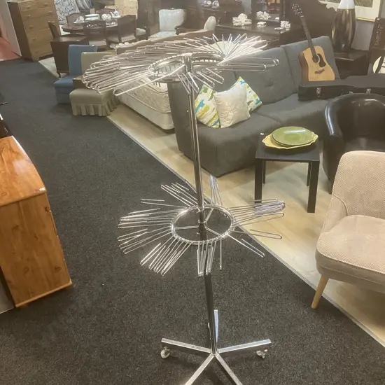 Chrome Two Tier Revolving Scarf Display Stand On Castors. H172cm