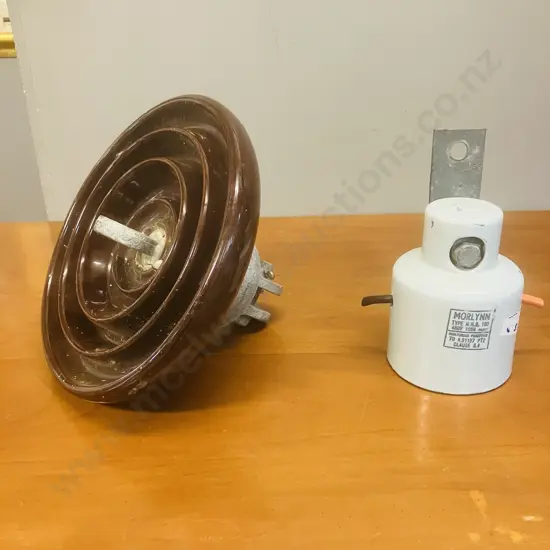 Vintage Large Glazed Brown Round Ceramic Insulator Dia26cm & Retro Morlynn Australian Porcelain Electric Line Insulator