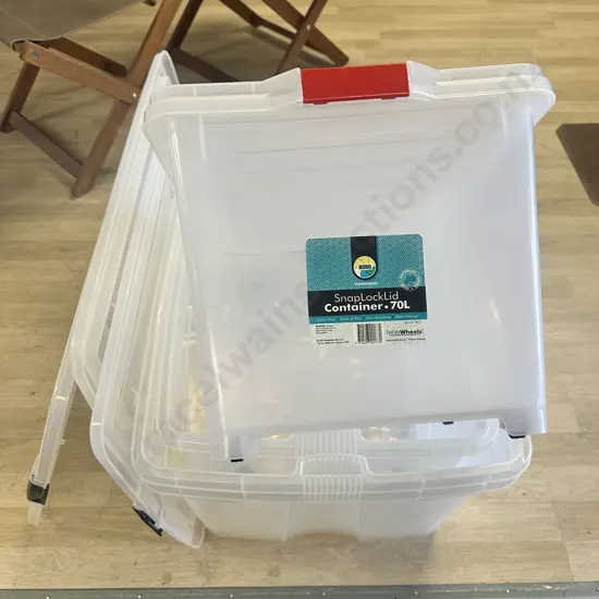 Clear Lidded Bins x4 Including Snaplock 70L With Wheels