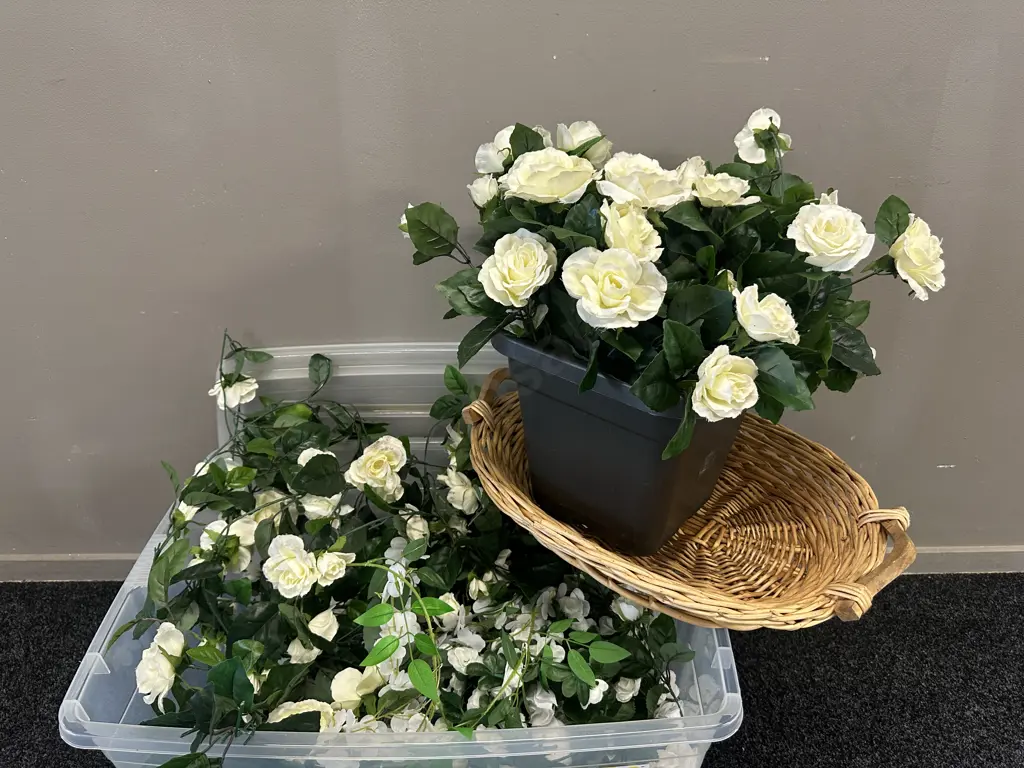 Selection Of Faux Flowers, Cane Tray & Clear Bin Image 1++