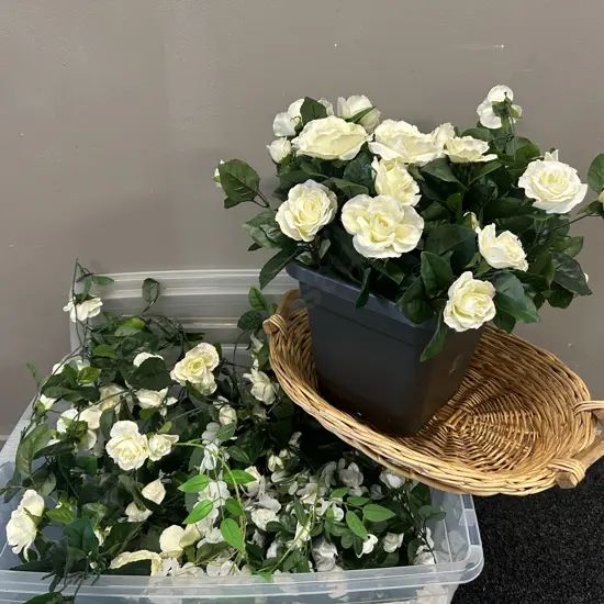 Selection Of Faux Flowers, Cane Tray & Clear Bin