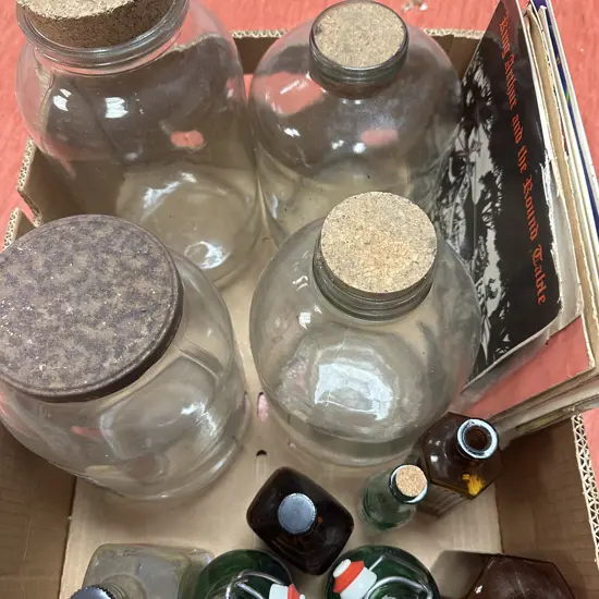 Selection Of Cannisters, Glass Bottles Etc 