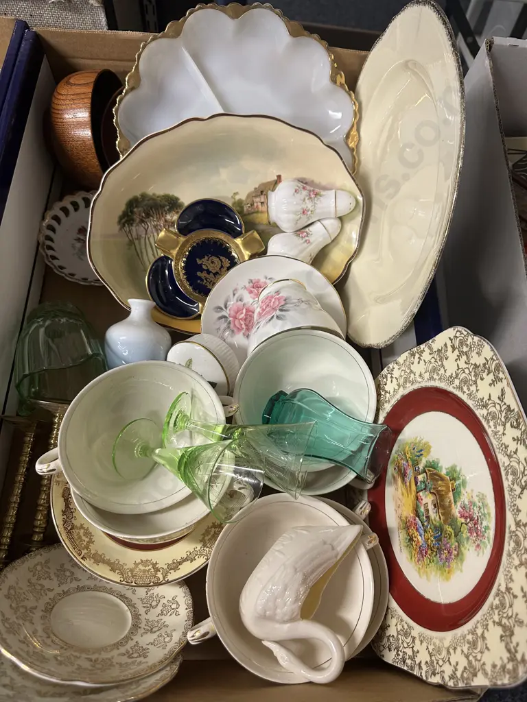 Box Of China Items Including Brass Candle Holders Etc Image 1++