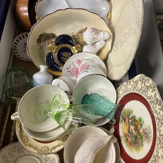 Box Of China Items Including Brass Candle Holders Etc