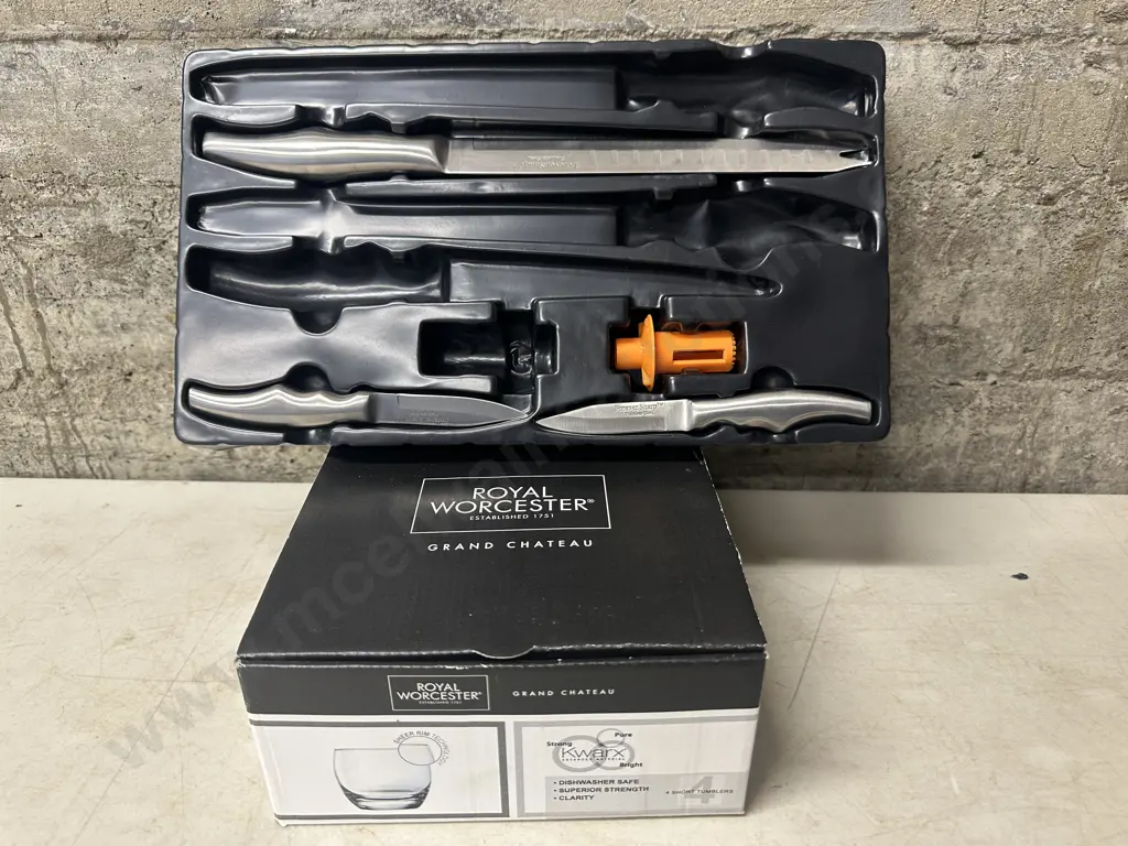Royal Worcester Grand Chateau x4 Tumblers & Forever Sharp Knives Image 1++