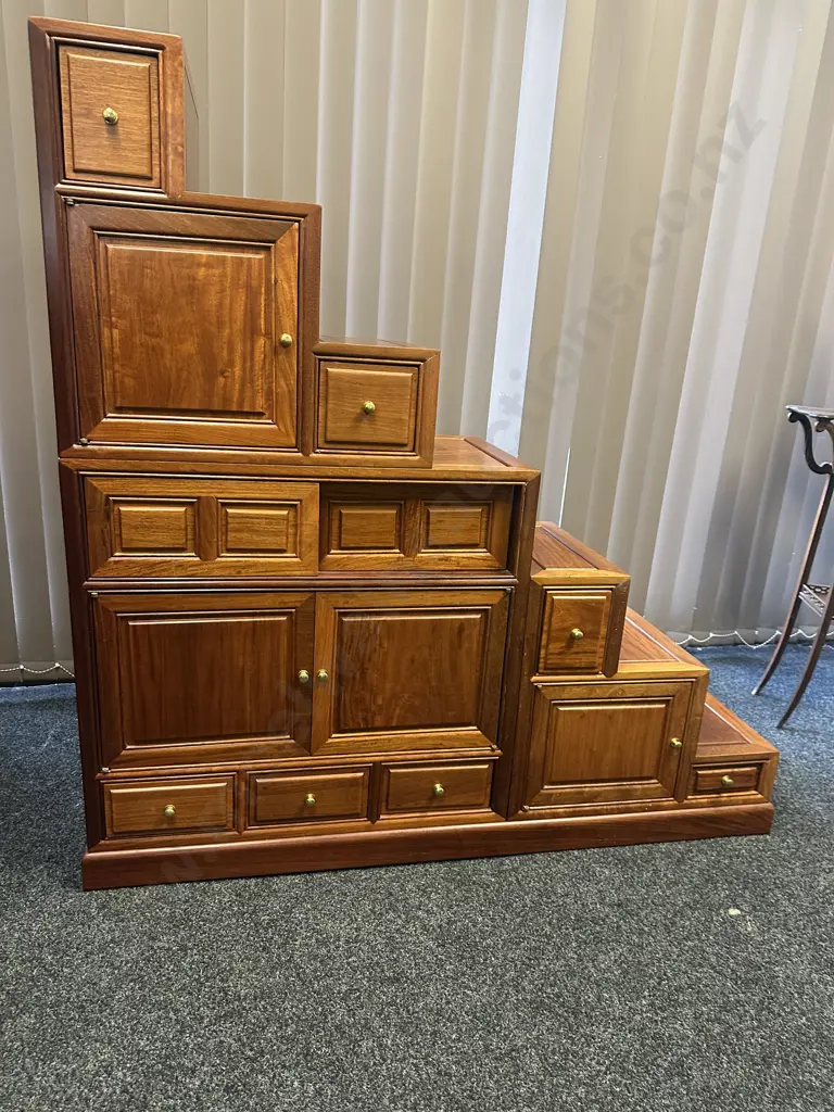 Kaidan Tansu Rosewood Step Chest 3 Sections,14 Drawers,12 Doors Including Sliding With Brass Knobs H144,W147,D45cm. Image 1++