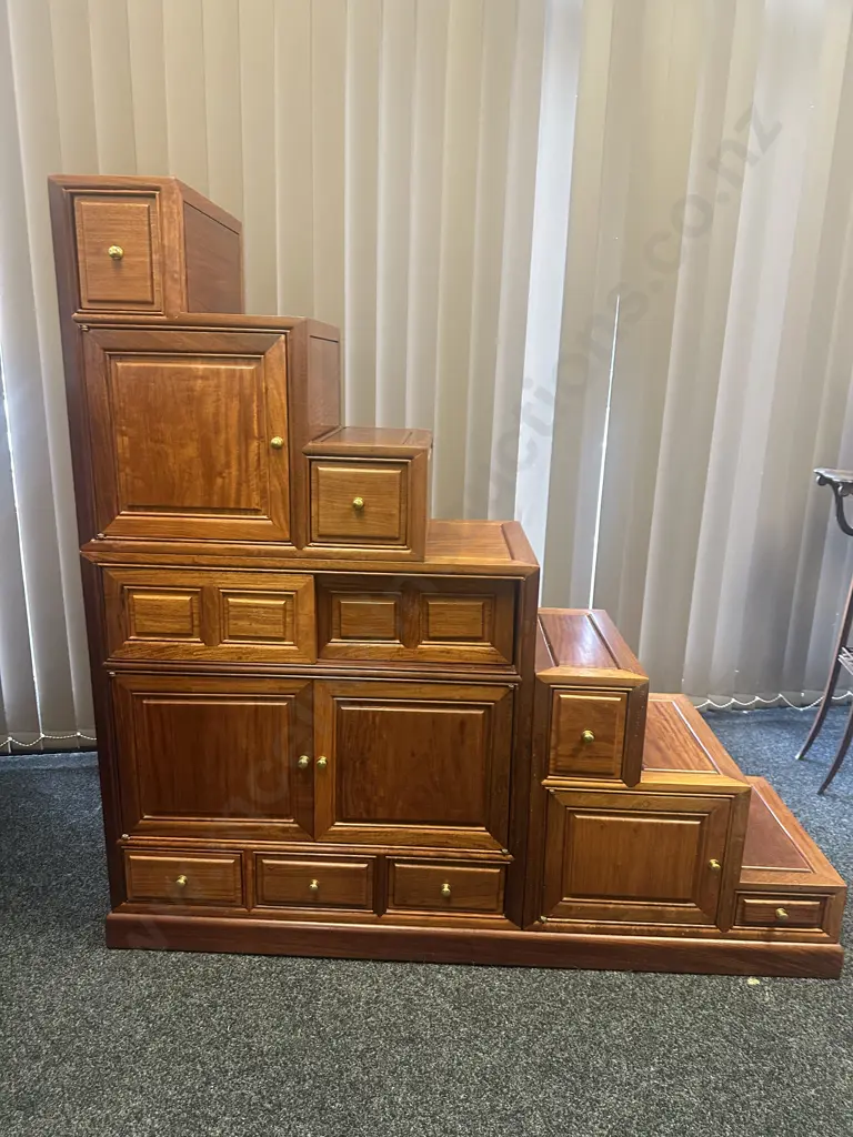 Kaidan Tansu Rosewood Step Chest 3 Sections,14 Drawers,12 Doors Including Sliding With Brass Knobs H144,W147,D45cm. Image 1++