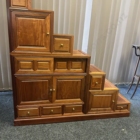 Kaidan Tansu Rosewood Step Chest 3 Sections,14 Drawers,12 Doors Including Sliding With Brass Knobs H144,W147,D45cm.