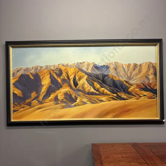 Sunlit Mountain Range Original Acrylic Painting By J.G Dykstra 90x164cm.