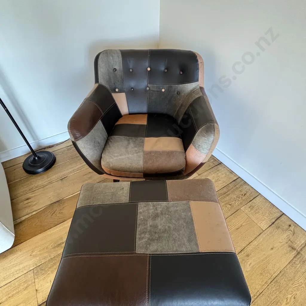 Retro Leather and Suede Patchwork Buttoned Armchair With Footstool Image 1++