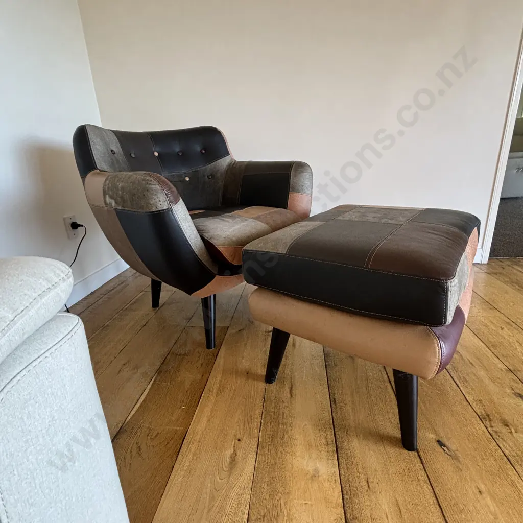 Retro Leather and Suede Patchwork Buttoned Armchair With Footstool Image 1++