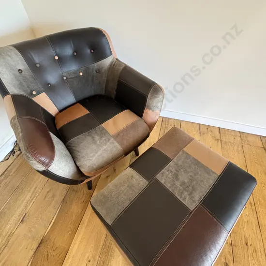 Retro Leather and Suede Patchwork Buttoned Armchair With Footstool