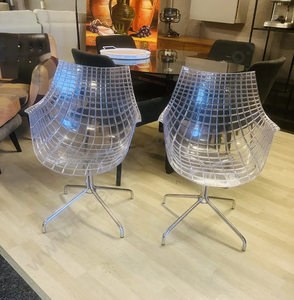 Pair of Minimalist Chrome & Clear Cage Chairs In Driade Meridiana by Christophe Pillet Style Image 1++