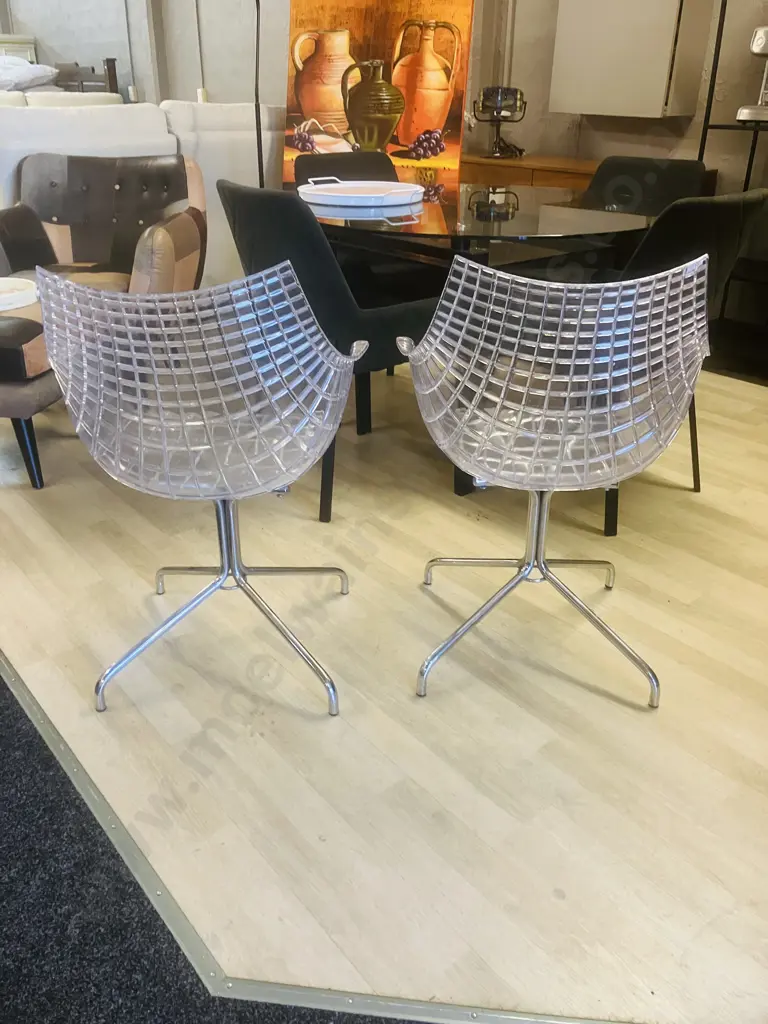 Pair of Minimalist Chrome & Clear Cage Chairs In Driade Meridiana by Christophe Pillet Style Image 1++