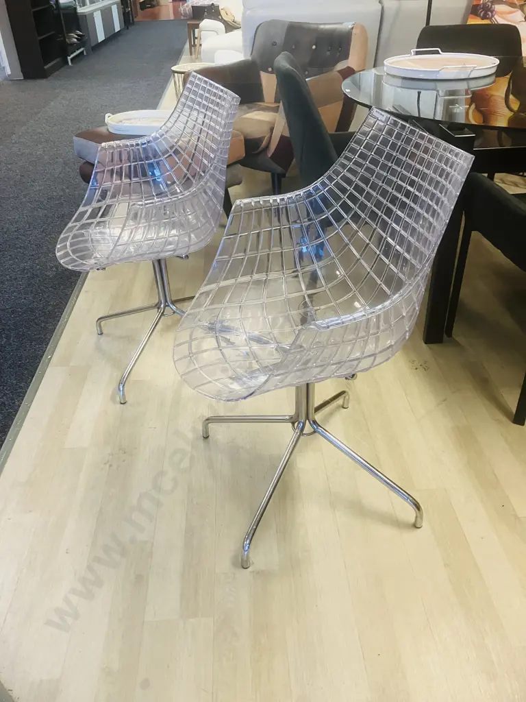 Pair of Minimalist Chrome & Clear Cage Chairs In Driade Meridiana by Christophe Pillet Style Image 1++