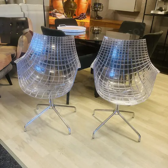 Pair of Minimalist Chrome & Clear Cage Chairs In Driade Meridiana by Christophe Pillet Style