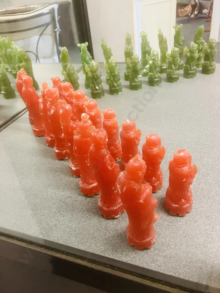 Chinese Characters Chess Set, Green & Red Resin With Felt Bases. King Height 13cm Image 1++