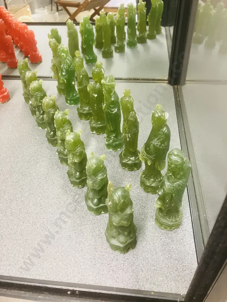 Chinese Characters Chess Set, Green & Red Resin With Felt Bases. King Height 13cm Image 1++