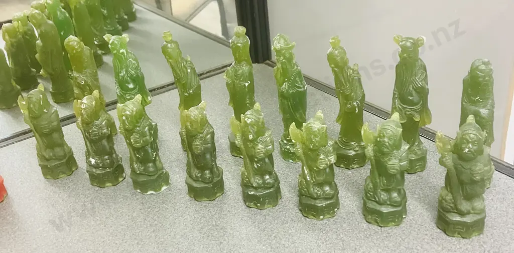 Chinese Characters Chess Set, Green & Red Resin With Felt Bases. King Height 13cm Image 1++