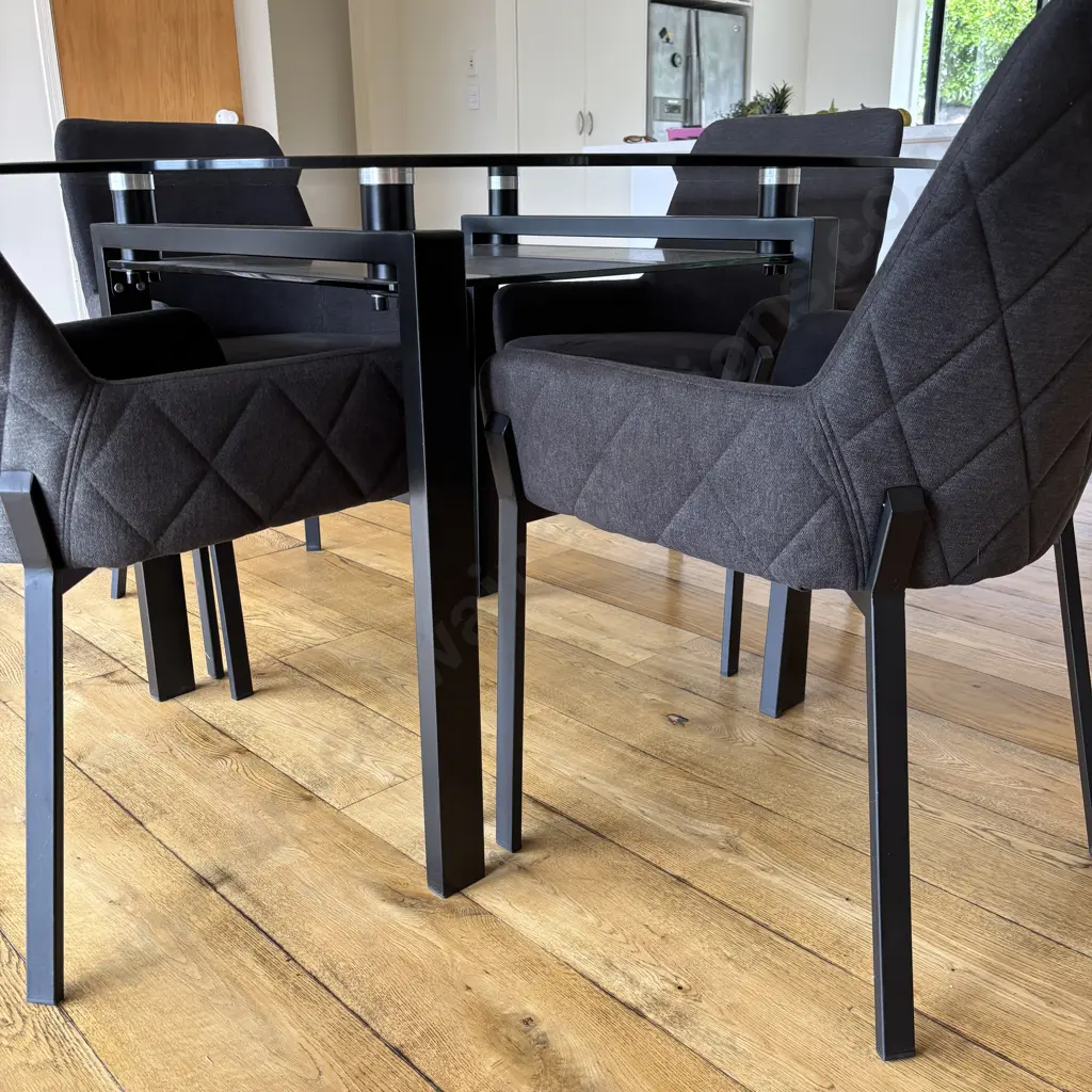 Round Clear Glass Table With Black Undershelf, Black Powder Coated Base 75x120cm & 4 Charcoal Luna Carver Dining Chairs Image 1++