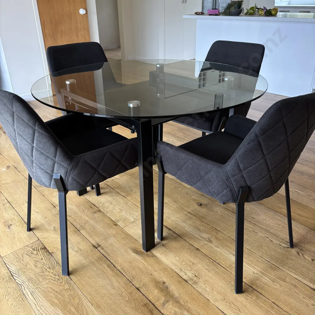 Round Clear Glass Table With Black Undershelf, Black Powder Coated Base 75x120cm & 4 Charcoal Luna Carver Dining Chairs Image 1++
