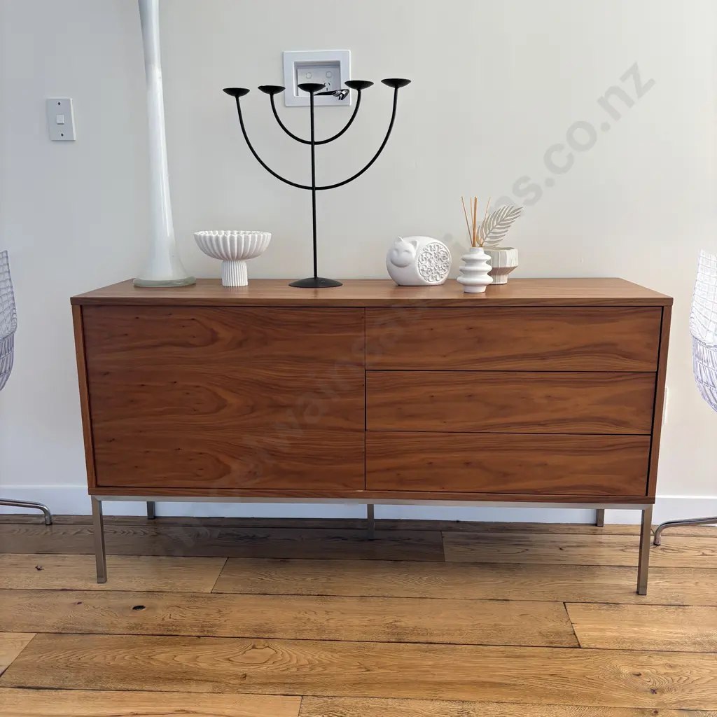 Mid Century Look Wood Effect Sideboard, Self Opening Drawers & Door, Polished Legs. H75 W140 D42cm Image 1++