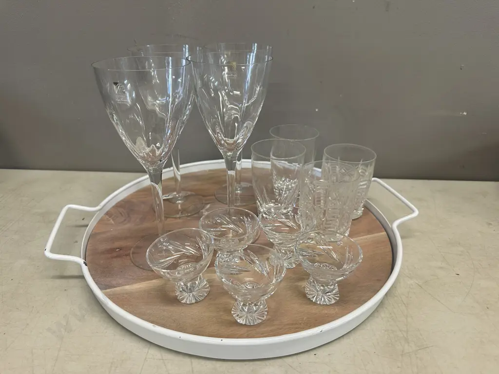 Round White Metal & Acacia Wood Serving Tray With Assorted Glasses Including Crystal Image 1++