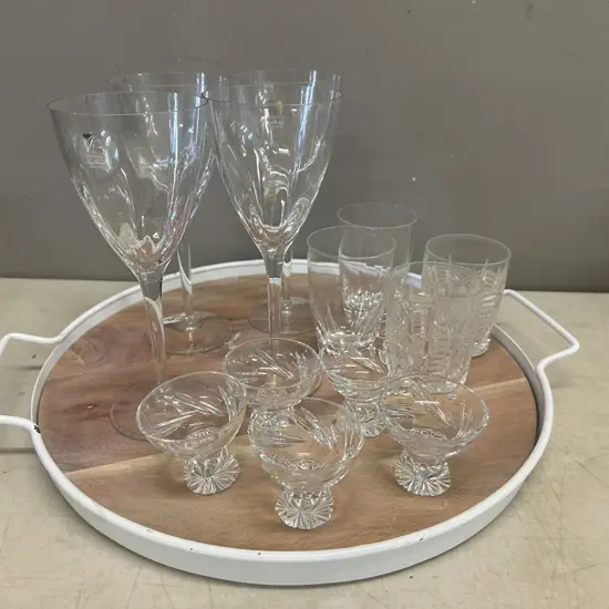 Round White Metal & Acacia Wood Serving Tray With Assorted Glasses Including Crystal