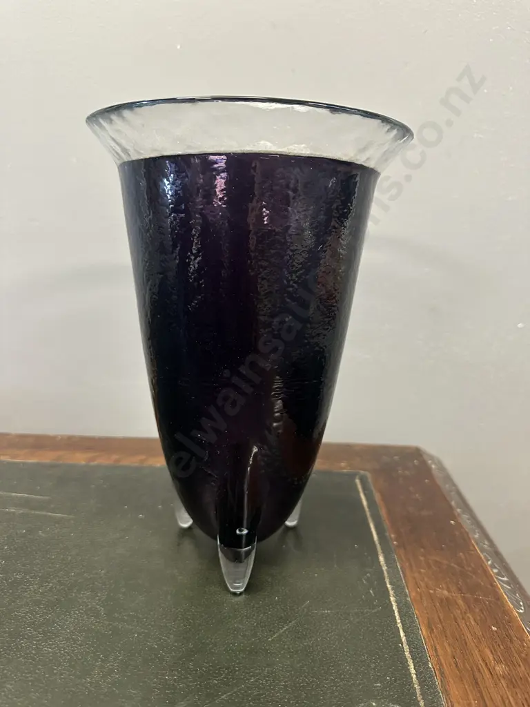 Art Glass Vase Amethyst Purple With Clear Glass Feet & Rim H24cm. Image 1++