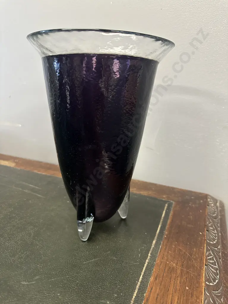 Art Glass Vase Amethyst Purple With Clear Glass Feet & Rim H24cm. Image 1++