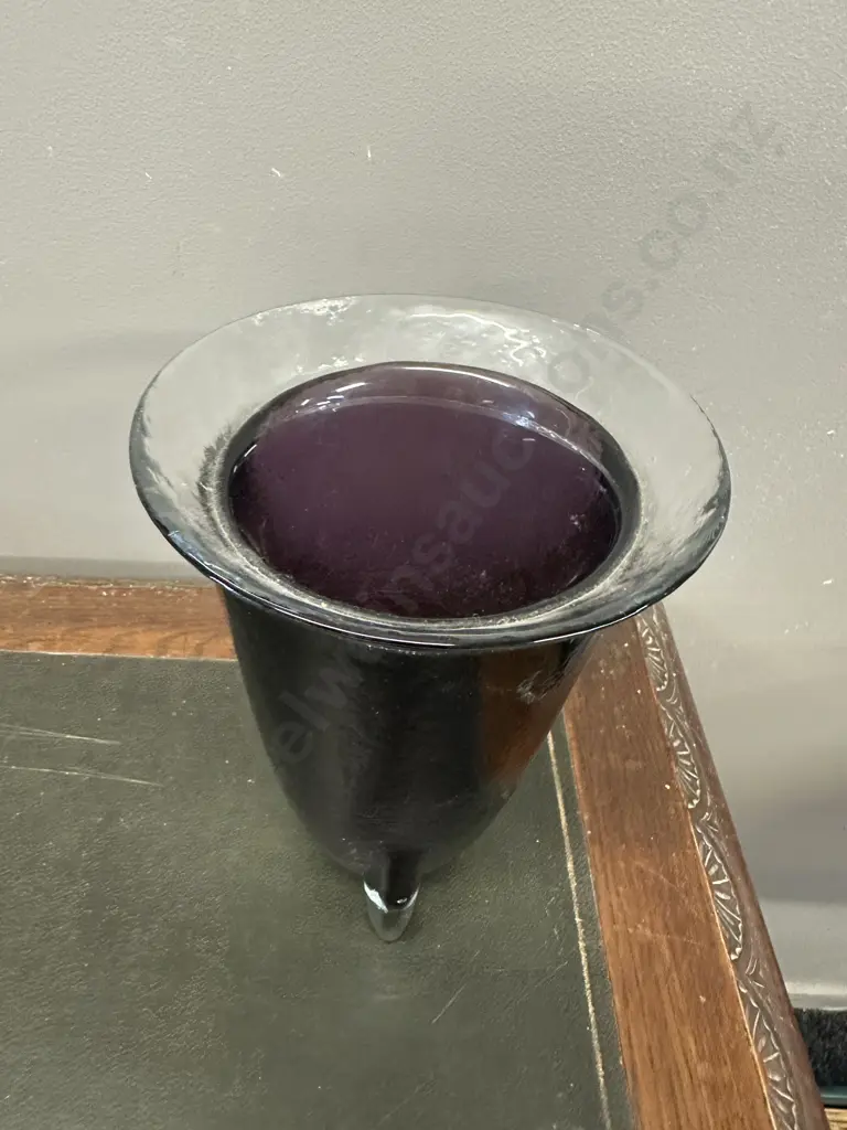Art Glass Vase Amethyst Purple With Clear Glass Feet & Rim H24cm. Image 1++