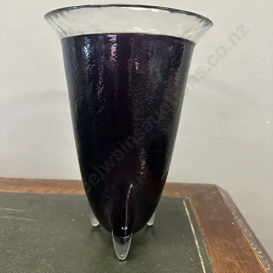 Art Glass Vase Amethyst Purple With Clear Glass Feet & Rim H24cm.