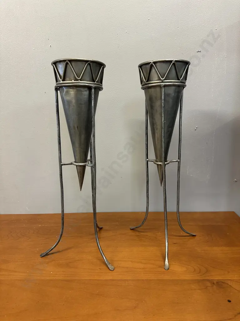 Pair Of Metal Conical Shape Vases In Stand H51cm. Image 1++